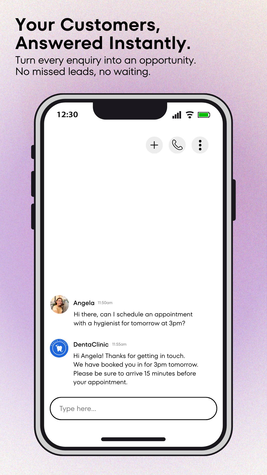 AI assistant conversation on iPhone qualifying a lead and proposing demo times